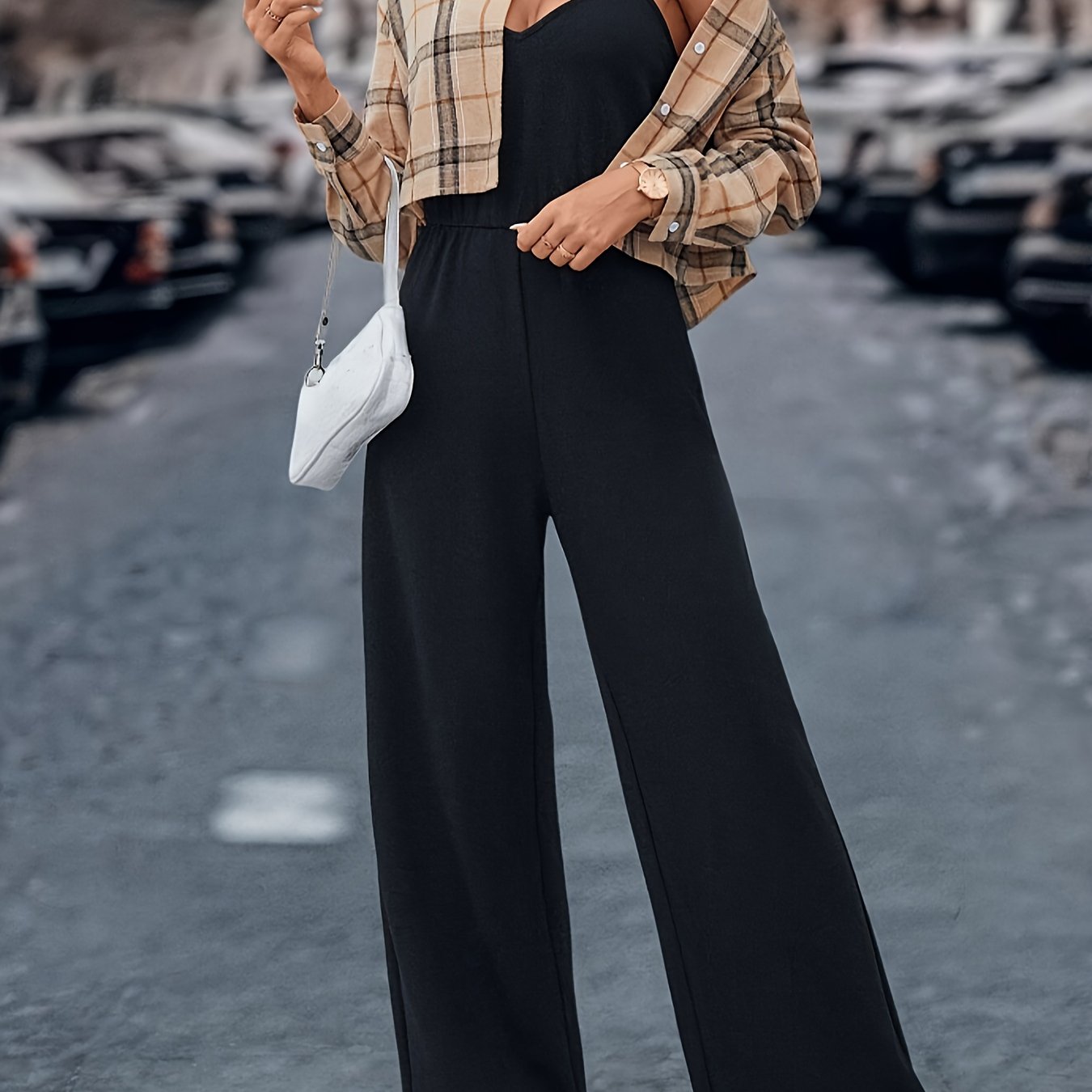 Women’s Casual Two-Piece Set: Plaid Button-Front Shirt & Solid Wide-Leg Jumpsuit - Mammalook