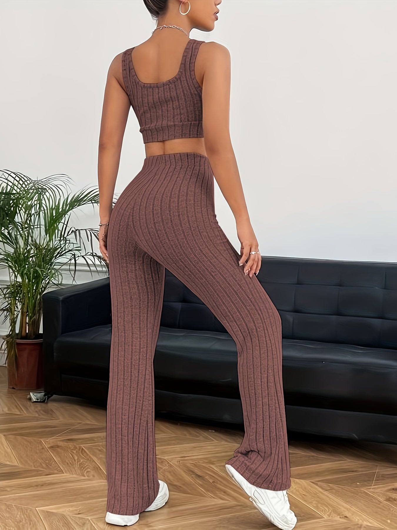 Ribbed Casual Two-piece Set, Crop Tank Top & High Waist Pants Outfits, Women's Clothing