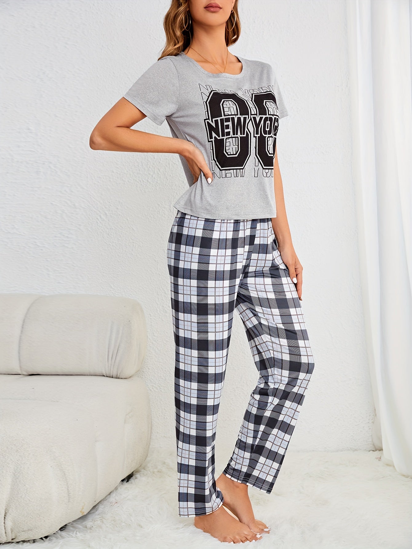 Letter Print Pajama Set, Casual Crew Neck Short Sleeve Tee Top & Plaid Print Elastic Waistband Pants, Women's Sleepwear & Loungewear