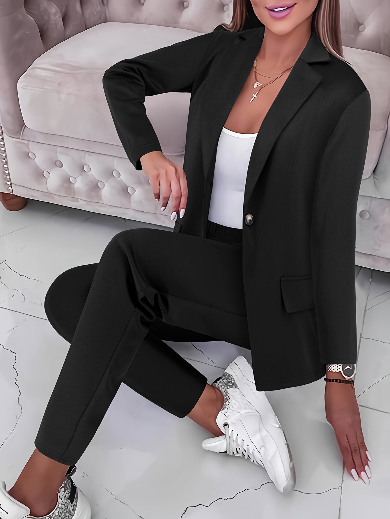 Casual Office & Work Pants Set, Single Breasted Lapel Blazer & Solid Color Simple Pants, Women's Clothing