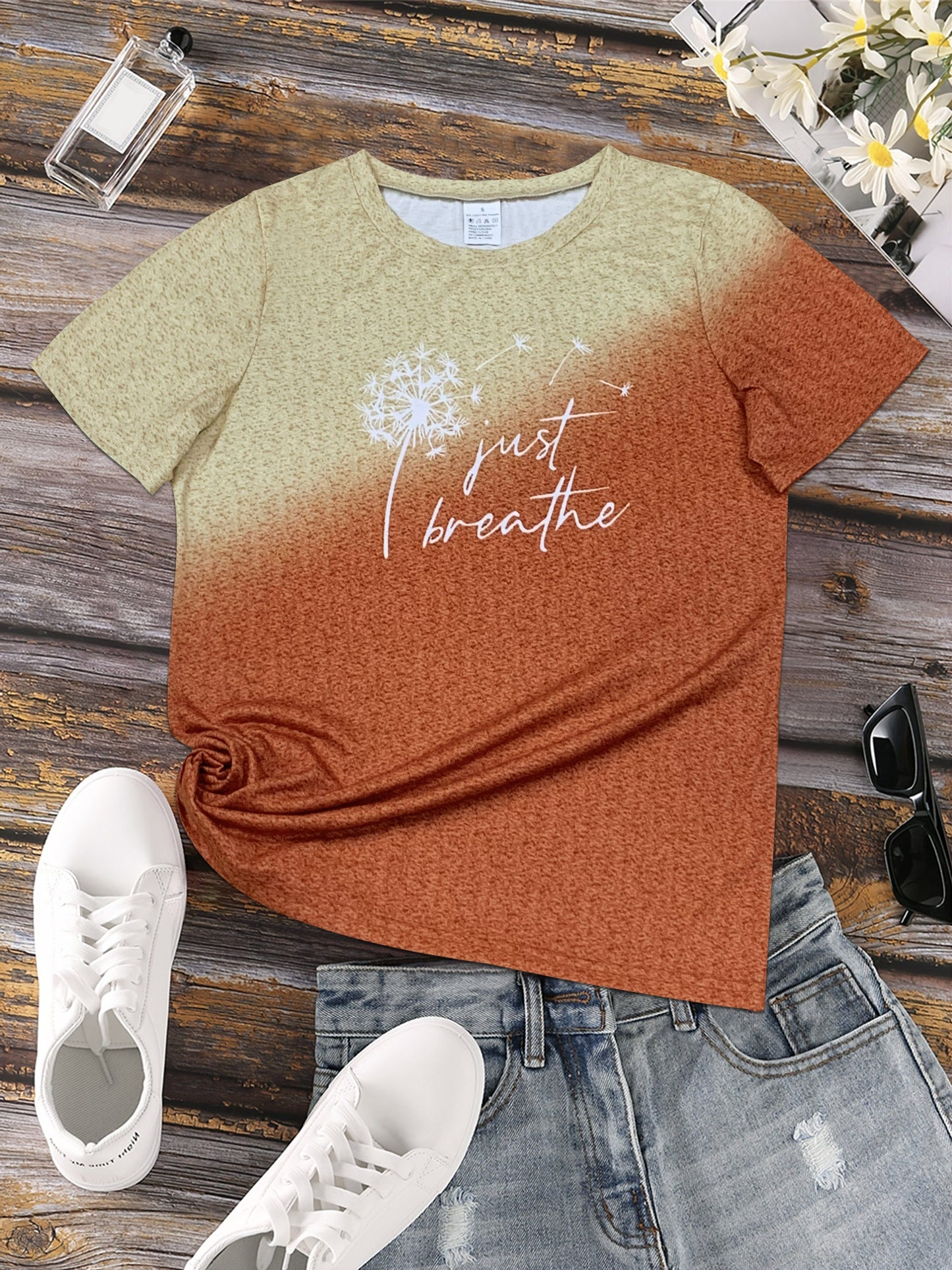 Just Breathe & Dandelion Print T-shirt, Casual Crew Neck Short Sleeve Top, Women's Clothing