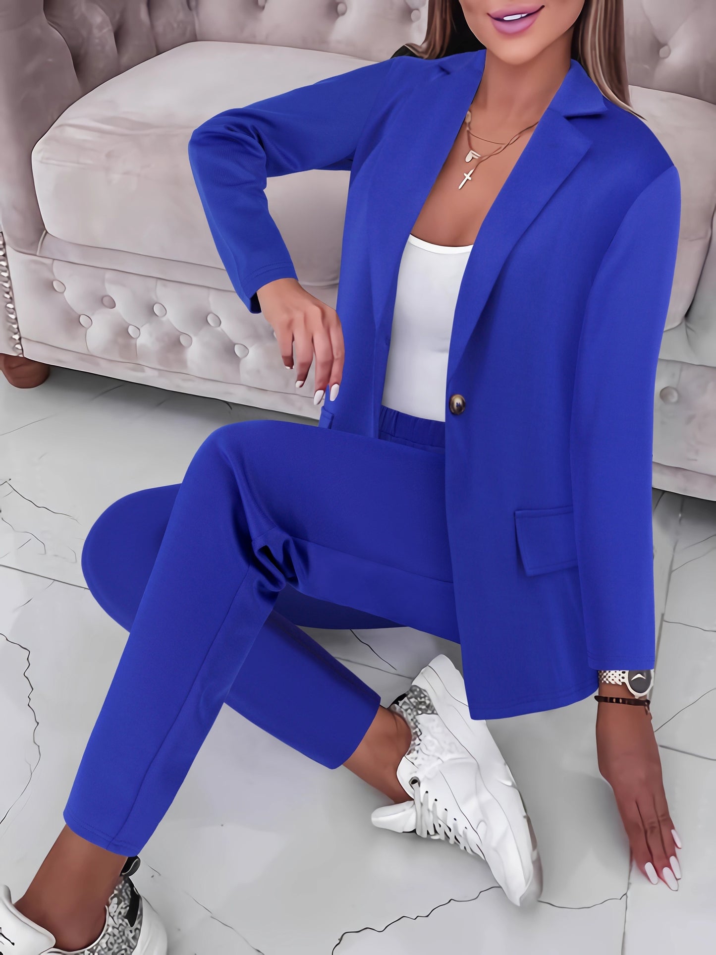 Casual Office & Work Pants Set, Single Breasted Lapel Blazer & Solid Color Simple Pants, Women's Clothing