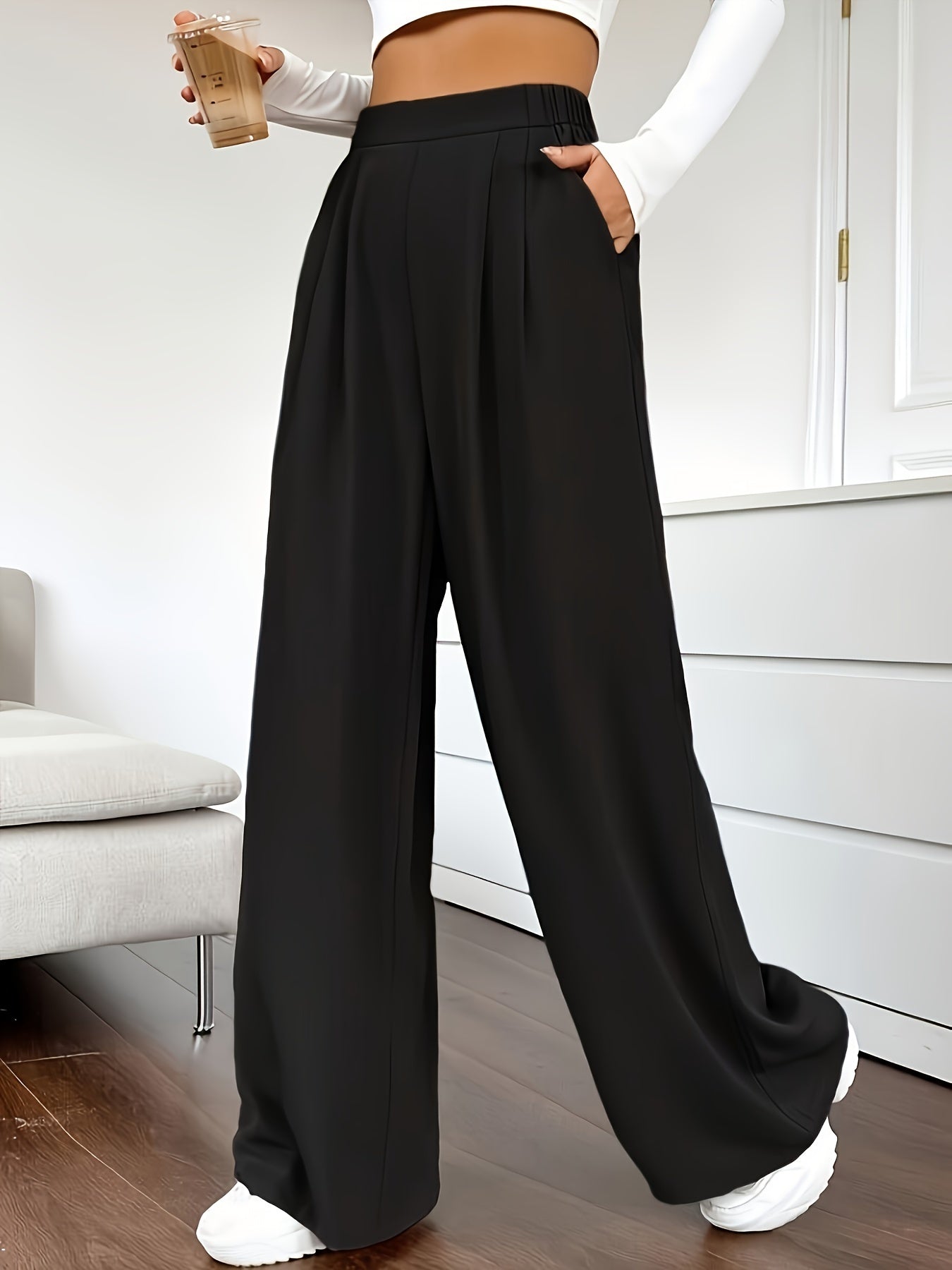 Solid Color High Waist Pants, Elegant Dual Pockets Wide Leg Pants For Spring & Summer, Women's Clothing