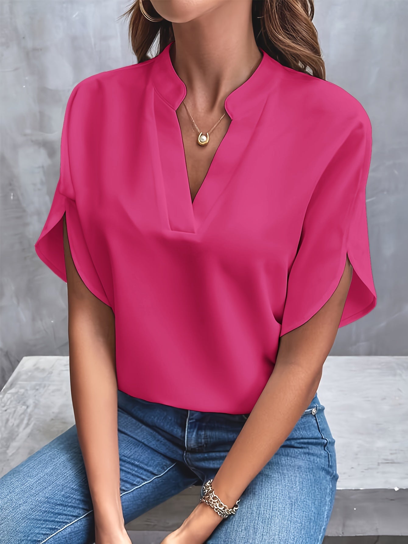 Solid Color Notch Neck Blouse, Casual Short Split Sleeve Blouse For Spring & Summer, Women's Clothing