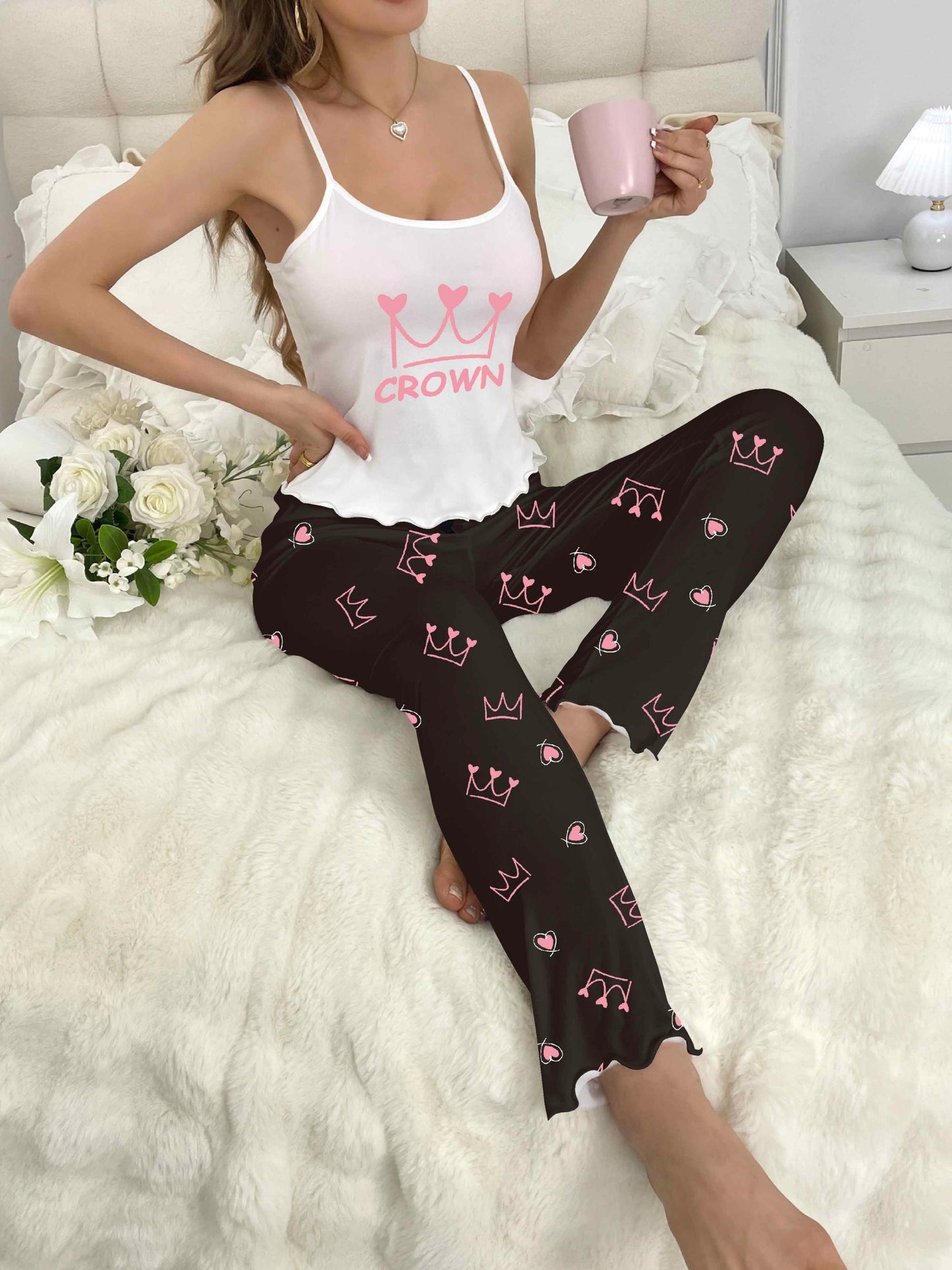 Casual Plaid Heart Print Pajama Set, Crew Neck Cami Top & Elastic Pants For Valentine's Day, Women's Sleepwear & Loungewear