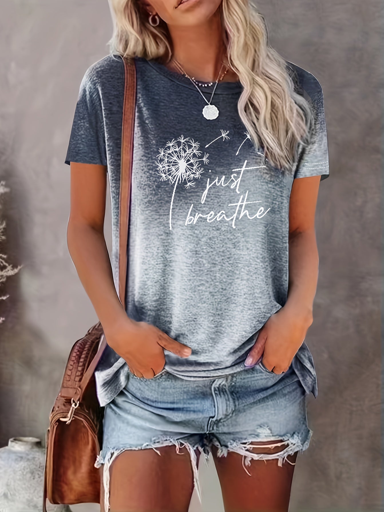 Just Breathe & Dandelion Print T-shirt, Casual Crew Neck Short Sleeve Top, Women's Clothing