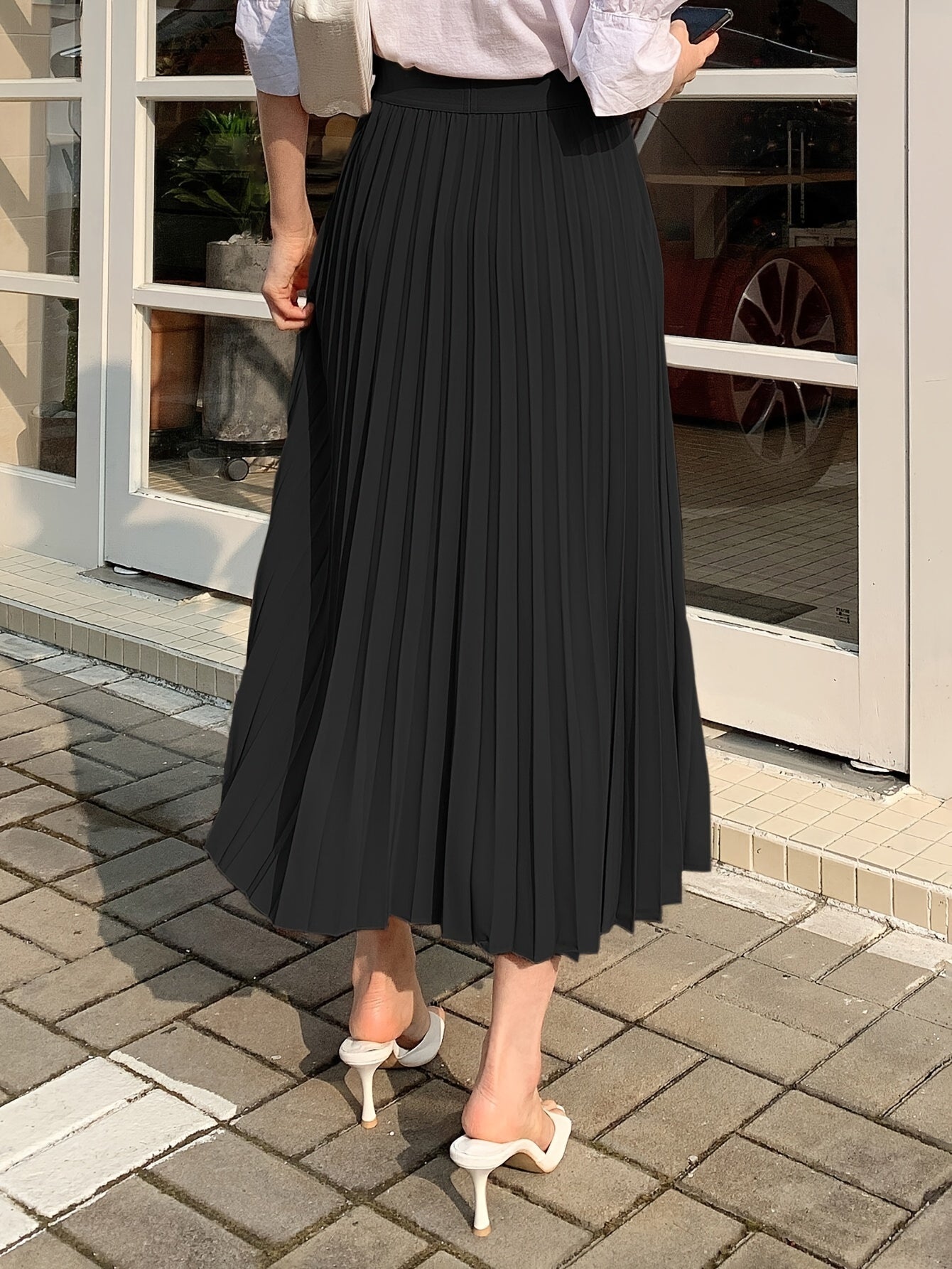 Solid Color Elastic High Waist Skirt, Elegant A-line Pleat Midi Skirt For Spring & Summer, Women's Clothing