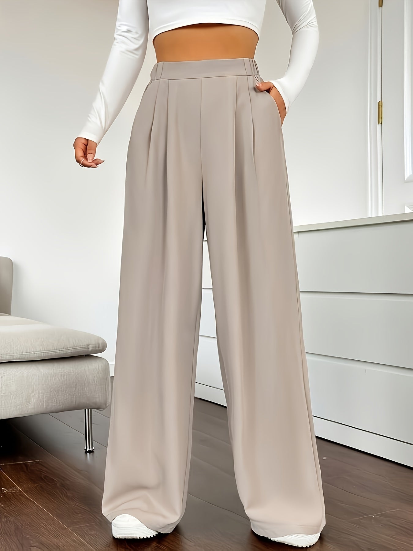 Solid Color High Waist Pants, Elegant Dual Pockets Wide Leg Pants For Spring & Summer, Women's Clothing