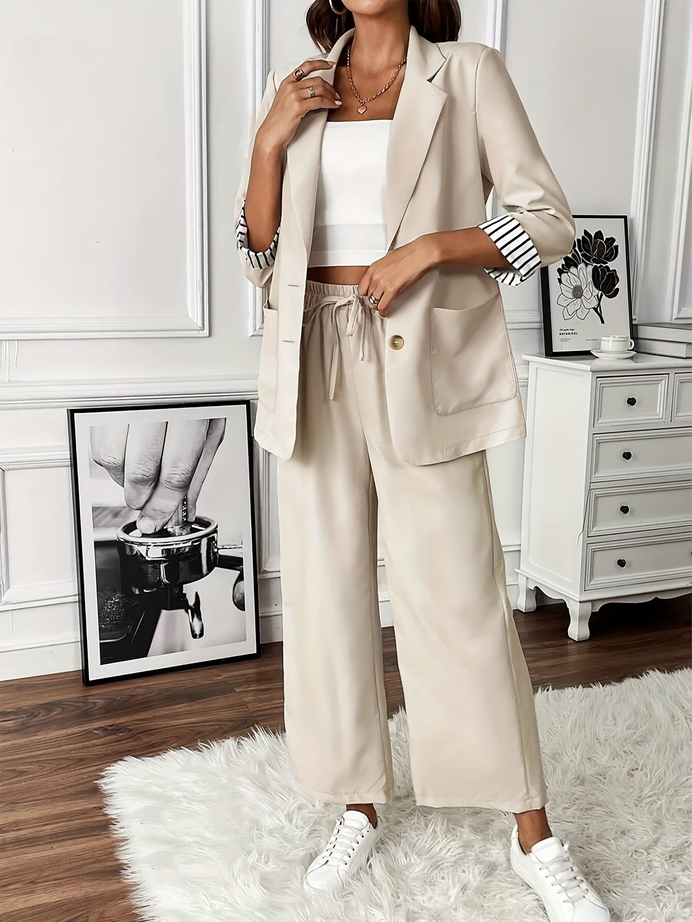 Women’s Two-Piece Set: Striped Blazer with Three-Quarter Sleeves & Wide-Leg Pants - Mammalook